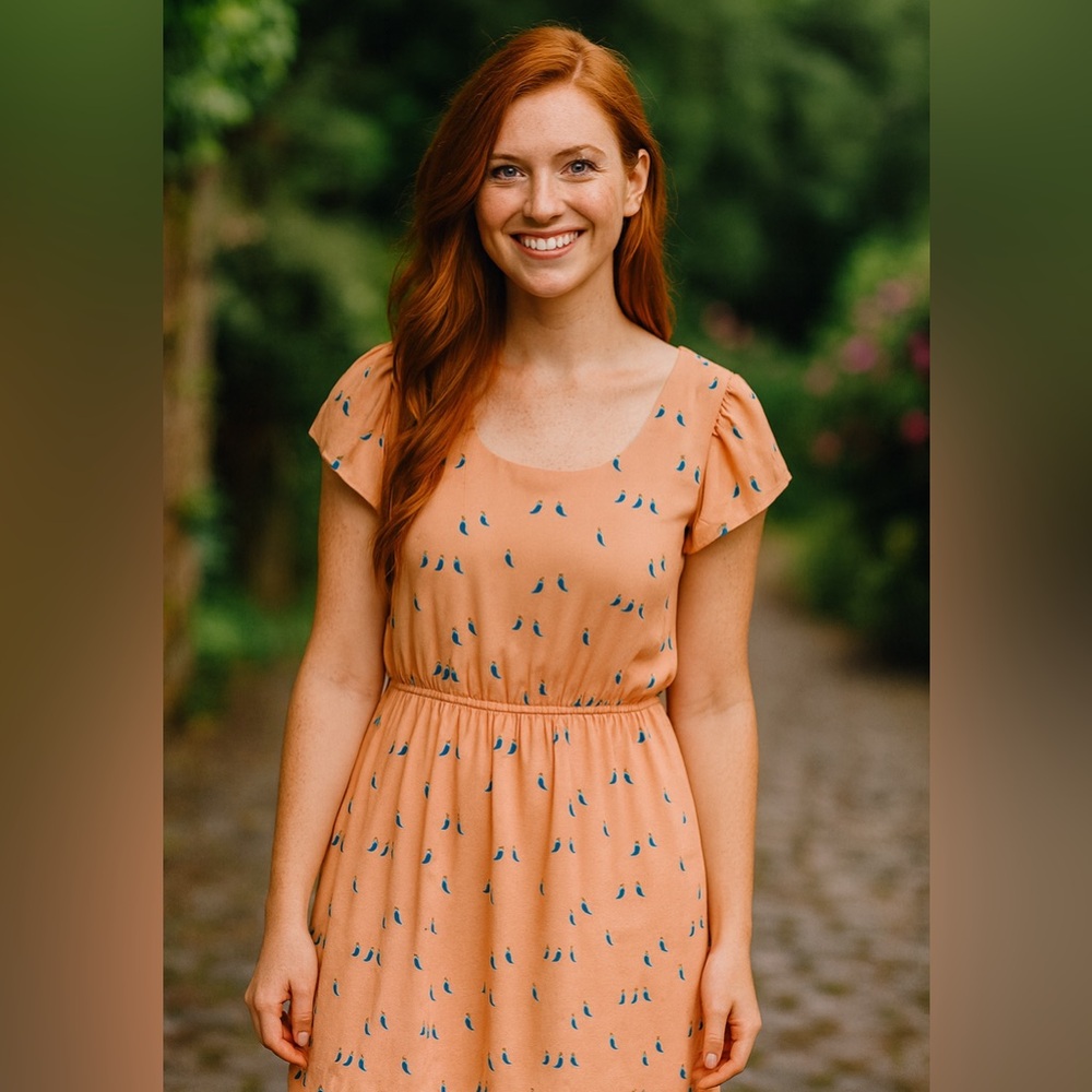 Peaches & Cream Peach Bird Print Dress M Cottagecore Balletcore Eclectic Arty